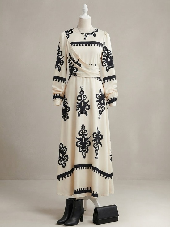 SHEIN Dresses & Skirts - SHEIN Cream Maxi Dress with Black Floral Print long sleeve